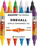 MOLOTOW ONE4ALL Acrylic Twin Pump Marker Main 1 Set, 12 Markers, Dual Tips: 1.5mm Nib and 4mm Nib, Assorted Colors, 1 Set Each (200.480)