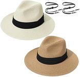 2 Pack Sun Hats Womens Wide Brim Straw Panama Hat Fedora Summer Beach Sun Hat UPF 50+ Women's Straw Visor (Panama(Khaki+Milk White))