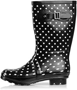 NORTY - Womens Hurricane Wellie Gloss Mid-Calf White Dot Black Rim Print Rain Boot, Black, White 39201-8B(M) US