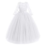 Flower Girls Party Princess 3/4 Sleeve Maxi Floor Length Dress Kids Floral Lace Pageant Ceremony Carnival Wedding Bridesmaid Communion Birthday Cocktail Evening Dance Prom White 13-14 Years