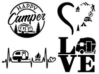 Camping Decal 4 Pack: Happy Camper, Camping Heartbeat, Heart Camping, LOVE Camper (Black, Small ~3.5")