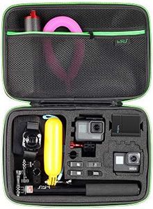 HSU Large Carrying Case for GoPro Hero 13, 12, 11, 10, 9, 8, 7, 6, 5 Black, AKASO Campark and Accessories with Carry Handle and Carabiner Loop - Portable and Shock (Green Logo)