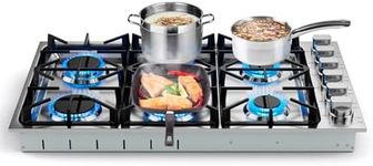 SIMOE Gas Cooktop 36 Inch, Gas Stovetop with 6 Power Burners Total 72,000 BTU, Bulit-in Stainless Steel Gas Hob for Kitchen, NG/LPG Convertible Gas Range Top with Cast Iron Grill, Easy to Clean