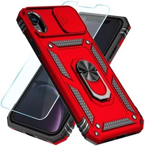 SunStory Compatible with iPhone XR Case with HD Screen Protector & Slide Camera Cover & Rotated Ring Kickstand, [Military-Grade] Phone Case for iPhone XR (Red)