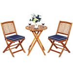 ORALNER 3-Piece Acacia Wood Folding Patio Bistro Set, Small Outdoor Balcony Furniture, Round Coffee Table and 2 Chairs with Soft Cushions, Teak Table Set for Porch, Backyard, Deck (Navy Blue)