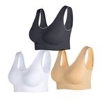 Lemef 3-Pack Seamless Sports Bra Wirefree Yoga Bra with Removable Pads for Women(Medium, Black+White+Beige)