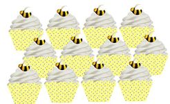 CakeSupplyShop Celebrations 12 BumbleBee Sugar Decoration Toppers & 12 Baking Cup Wrappers (Multicolor, Spring, Disposable, Edible, Round)