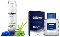 GILLETTE SENSITIVE SHAVING GEL SOOTHING WITH ALOE VERA| 195g & Gillette AFTER SHAVE SPLASH REFRESHING BREEZE 50ML, White