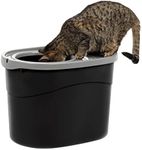 IRIS USA Large Simple Round Top Entry Cat Litter Box with Scoop, Curved Kitty Litter Pan with Litter Particle Catching Cover and Privacy Walls, Black/Gray