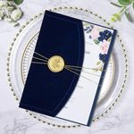 ponatia 20PCS Wedding Invitation Cards Kits - 5x7 Navy Blue Velvet Invitation Cards with Envelopes,Gold Wax Seals, Ribbons For Wedding, Baby Shower, Birthday, 15 XV Anos, Quinceanera Invitation