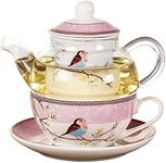 Jusalpha Glass Teapot with a Fine China Infuser Strainer, Cup and Saucer Set,Teapot and Teacup for One, Tea for one #05 (Pink)