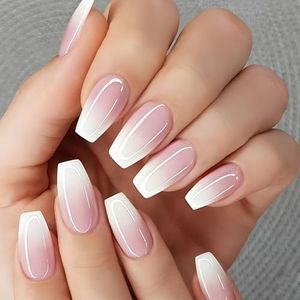 24 Pezzi Unghie Finte Adesive Rosa Sfumate Medio Bara Ballerina French Press on Nails Acrilico Copertura Completa Stick sulle Unghie Artificiali Colorate Unghie Finte per Donne Ragazze Nail Art