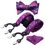 HISDERN Paisley Floral 6 Clips Suspenders & Bow Tie and Pocket Square Set Y Shape Adjustable Braces,Purple & Pink,One Size