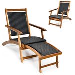 COSTWAY Folding Sun Lounger, Acacia Wood Rattan Deck Chair with Retractable Footrest, All-Weather Outdoor Chaise Lounge Patio Sunbed for Garden, Balcony and Poolside (Brown, without Wicker Side Table)