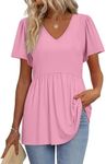 Babydoll Tops for Women Puff Short Sleeve Shirts Womens Summer Tops V Neck T Shirts Loose Fit Peplum Top Maternity Shirts Pink S