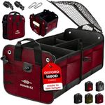 Car Trunk Organizer - Collapsible, Foldable - with Covering Net, Removable Dividers, Attachable Non-Slip Pads, Mounting Straps, and Stainless Hooks - for SUV, Truck, Sedan, Minivan, and Van - Cherry