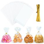 100Pcs Plastic Sweets Treat Bags, Clear Cellophane Bags with Gold Twist Ties, Reusable OPP Plastic Candy Bags for Cookies Fruits Nuts Chocolates Popcorn Snacks 13 * 21 cm (5 * 8.3 in)