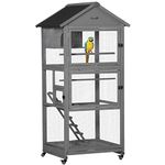 PawHut 71" Bird Cage Wooden Bird Cage Stand with Two Doors, Ladder and Pull Out Tray for Finches, Dark Grey