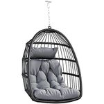 YITAHOME Rattan Egg Chair Max. load 150 kg Garden Egg Chair with 2 Cushions, 105 x 74 x 72 cm Iron Sturdy Steel Frame, Hanging Egg Chair with a Chain & S Hook for Patio, Garden, Living Room, Grey