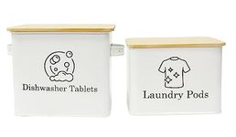 Xbopetda Set of Laundry Powder Bin & Dishwasher Pod Holder, Laundry Detergent Powder Storage Box with Scoop Wooden Lid & Handles, Metal Dishwasher Tablets Bin for Home Organization and Storage - White
