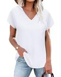 WNEEDU Summer Tops for Women V Neck Hoodies Short Sleeve T Shirts with Pocket 2024 White M