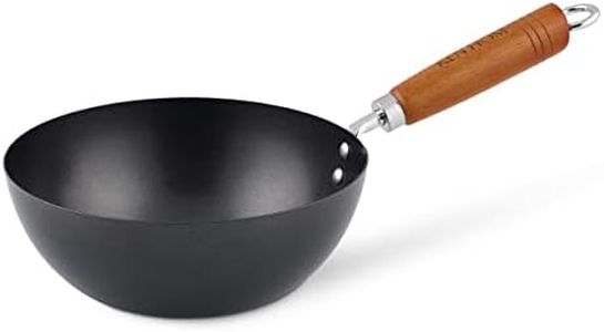 Ken Hom Carbon Steel Mini Wok, 20cm, Classic, Non-Induction/Wooden Handle/Flat Base Pan, Includes 1 x Chinese Wok Pan, KH320001