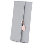 UTO Purses for Women RFID Blocking Ladies Long Wallet Leaf Pendant Zipper Coin Pocket Multi Card Slots Faux Leather Grey