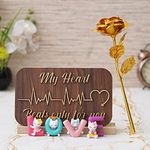 eCraftIndia Valentine Combo of Golden Rose Gift Set, My Heart Beats Only for You Wooden Showpiece with Stand, Love Animated Characters Showpiece