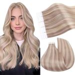 Ugeat Tape in Hair Extensions Real Hair Highlights Tape Human Hair Extensions Tape Extensions Human Hair Glue in Hair Extensions Straight #P18/613 Ash Blonde Highlighted Bleach Blonde 16inch 20Pcs