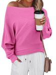 KISSMODA Women's Fall Sweaters 2024 Casual Long Batwing Sleeve Loose Off Shoulder Knit Pullovers Jumper Tops Pink