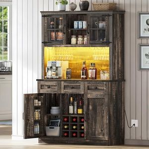 DWVO Coffee Bar Cabinet with Power Outlet/Lights, 72" Farmhouse Pantry Cabinet with Storage Shelves and 3 Drawers, Tall Liquor Cabinet Bar Cabinets for Home/Living Room, Dark Rustic Oak