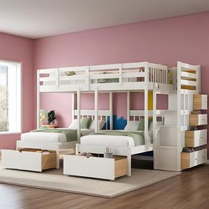 KUIKUI Triple Bunk Beds for Kids, Full Over Twin and Twin Bunk Bed for 3, with Multi Drawers and Surround Guardrails, White