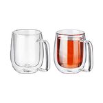 Amazon Brand - Solimo Borosilicate Glass Double Wall Tea Cup | Heat Resistant Crystal Clear Glass Mug | Ideal for Tea, Coffee, Espresso & Other Beverages | 250 ML – Set of 2