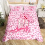 Manfei Western Cowgirl Duvet Cover Set Single Size, Pink Cowboy Hat Boots Bedding Set 2pcs for Kids Girl Bedroom Decor, Pink Leopard Print Comforter Cover Soft Polyester Quilt Cover with 1 Pillowcase