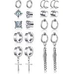 9 Pairs Magnetic Stud Earrings Non Pierced Silver Stainless Steel Feather Dangle Earrings CZ Magnet Earring Hinged Cross Hoop Earrings Set