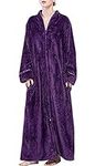 DSNOW Ladies Zip Fleece Waffle Long Dressing Gown Fluffy Towelling Bathrobe Sleepwear, Purple, XL