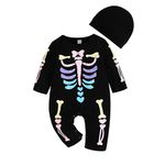 LIKPOJA Newborn Baby Boy Girl My 1st Halloween Bat With the Skeleton Outfits Unisex Baby One-piece Skull Sleepwear Bat Romper with Hat for 0-24 Months Infant(Skeleton B,0-3 Months)