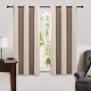 MIULEE Linen Texture Curtains Soild 100% Blackout Thermal Insulated Natural Beige Curtains Grommet Room Darkening Drapes for Living Room Bedroom 42 x 63 (2 Panels)