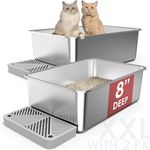 2 Pack 23.6"x 16"x 8" Extra Deep & Large Stainless Steel Litter Box for Big Cats, Non-Stick Odorless Metal Litter Box, XL Stainless Steel Pan with Footboard, Cat Litter Box Litter Tray