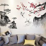 Ink Landscape Painting Wall Stickers Mountain Wall Decals Peel and Stick Chinese Style Cranes Pink Plum Blossom Wall Art Decor for Bedroom Living Room Office TV Background Decoration 36.6in*24.8in