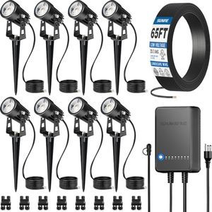 SUNVIE All-In-One LED Landscape Lighting Kit, 8-Pack Low Voltage Landscape Lights with Transformer and 65FT UL-Listed Wire, 3000K Waterproof Outdoor Uplights with Connectors for Yard House Garden Tree