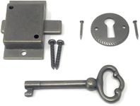 Metal Magery Small Antique Brass Flush Mount Lock for Curio Cabinet Doors or Dresser Drawers & Skeleton Key