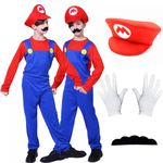 Jofiesu Mario Costume for Kids 3-12, Mario and Luigi Costume Game Outfit Fancy Dress Up Jumpsuit Bodysuit Cosplay with Hat Gloves Moustaches (Red, 5-6th)