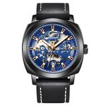 BENYAR Automatic Mechanical Skeleton Leather Strap Men's Analogue Watch (Black-Black-Blue) Dial Color-Blue, Band Color-Black