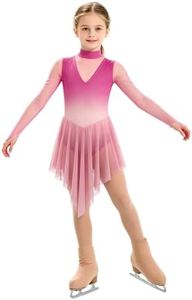 Yyuihri Girls Figure Ice Skating Dress Contemporary Lyrical Ballet Skirted Leotard Long Sleeve Mesh Competition Costume Pink 15-16 Years