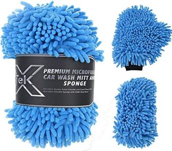 TeKX Premium Chenille Microfiber Car Wash Mitt and Car Wash Sponge Set (2 Pack), Double Sided Mitt with Thumb Space, Double Sided Sponge with Cloth Grip Band