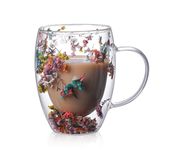 Dried Flower Double Wall Glass Cup, Aesthetic Flowers Coffee Mugs, Cute Insulated Tea Cups with Handle Heat Resistant for Women, Ideal Gifts for Birthday Mother's Day - Perfect for Wife Mom Friend (D)