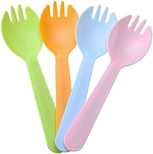 4.3" Mini Disposable Sporks 100ct, Plastic Spork 2-in-1 Utensils, 4 Colors, 25ct Individual Package Per Color - Made by Mavere