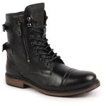 FAUSTO FST FOLMCB-3010 BLACK-44 Men's Black High Ankle Genuine Leather Hook and 7-Eye Lace Up Side Zipper Adjustable Buckle Strap Cap Toe Anti Skid Sole Flat Boots (10 UK)