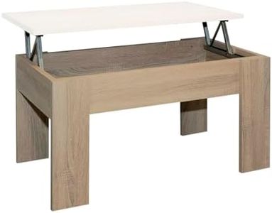Acomoda Textil – Mesa de Centro Elevable para Almacenamiento de Madera. Mesita Amplia y Cómoda para Salón y Comedor 46x90x50 cm. (Blanco-Cambria)